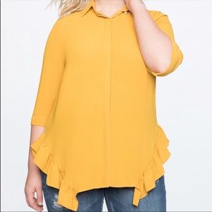 Eloquii ruffle mustard yellow office blouse